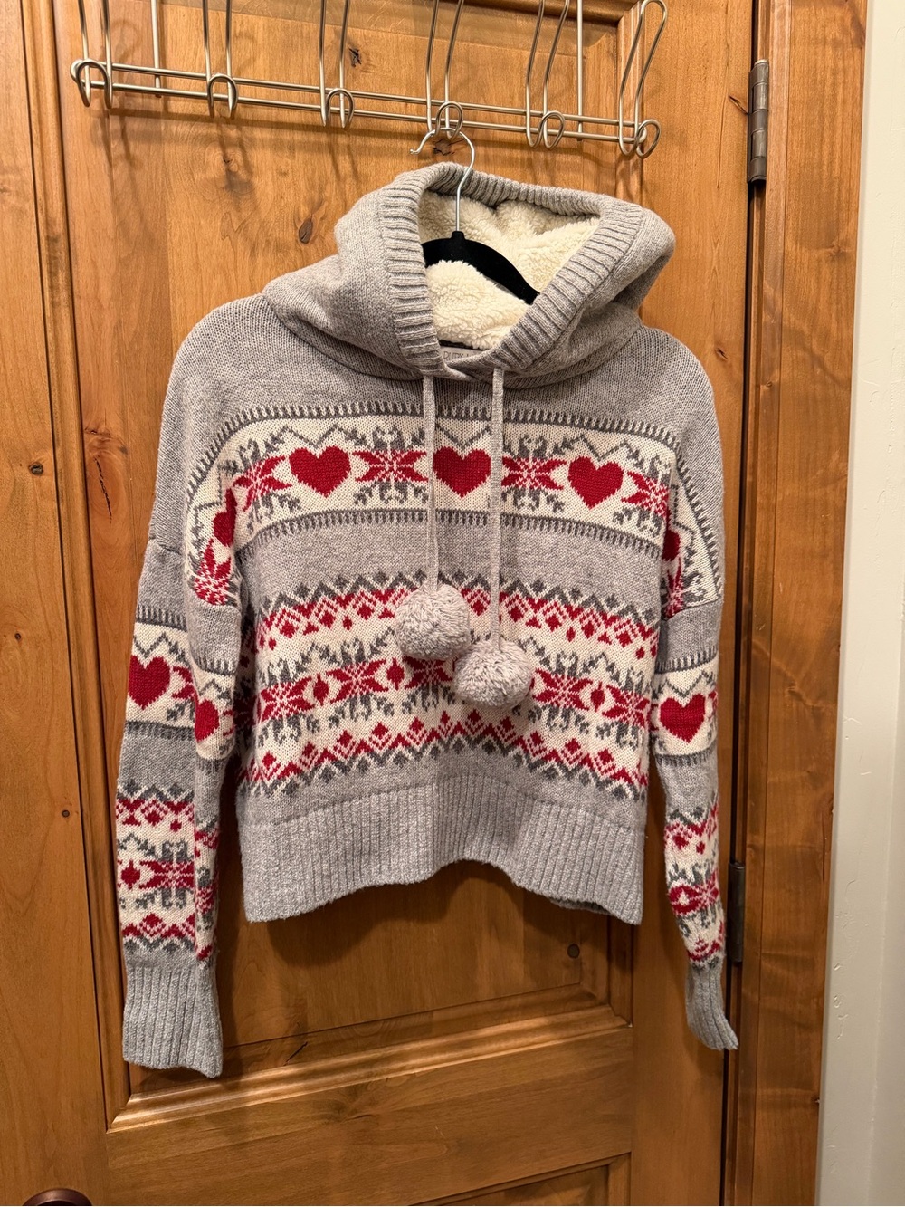 ruby moon Gray Fair Isle Hooded Sweater with Red Heart Accents